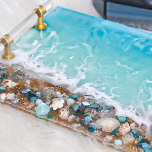 HANDGJORD Stor Dekorativ Havshartsbricka Glas Elegant Bricka Med Guldkristallhandtag Parfymbricka Turkos Geodhartsbricka Strandunderlägg bild 18