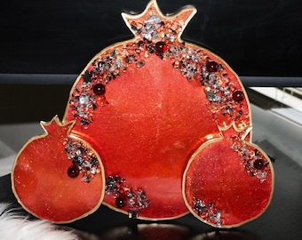 HANDGJORD lyxig granatäpplehartsfatset dekorativ serveringsfat och matchande underlägg, rödguldkristallutsmyckad heminredning, elegant present
