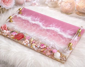HANDGJORD Stor Dekorativ Rosa Havshartsbricka Glas Elegant Bricka Med Guldkristallhandtag Parfymbricka Geodhartsbricka Strandunderlägg