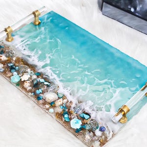 HANDGJORD Stor Dekorativ Havshartsbricka Glas Elegant Bricka Med Guldkristallhandtag Parfymbricka Turkos Geodhartsbricka Strandunderlägg bild 17