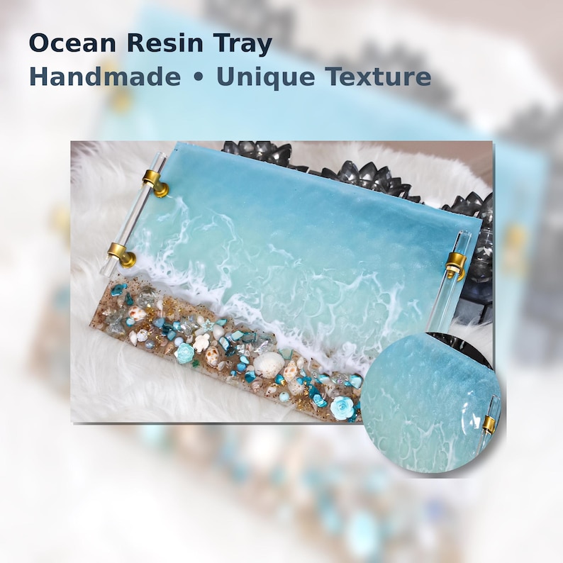 HANDGJORD Stor Dekorativ Havshartsbricka Glas Elegant Bricka Med Guldkristallhandtag Parfymbricka Turkos Geodhartsbricka Strandunderlägg bild 19