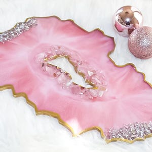 Handmade Pink Rose Quartz Irregular Geode Resin Tray,  Decorative White & Pink Resin Tray W/ Gold Marbling Crushed Glass Stones Resin Tray