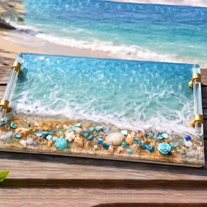HANDGJORD Stor Dekorativ Havshartsbricka Glas Elegant Bricka Med Guldkristallhandtag Parfymbricka Turkos Geodhartsbricka Strandunderlägg bild 1