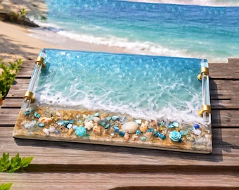 HANDGJORD Stor Dekorativ Havshartsbricka Glas Elegant Bricka Med Guldkristallhandtag Parfymbricka Turkos Geodhartsbricka Strandunderlägg