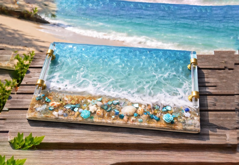 HANDGJORD Stor Dekorativ Havshartsbricka Glas Elegant Bricka Med Guldkristallhandtag Parfymbricka Turkos Geodhartsbricka Strandunderlägg bild 1