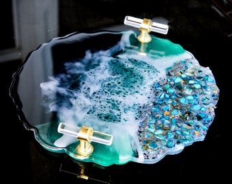 HANDMADE Large Decorative Ocean Resin tray glass Elegant Tray W/ Gold crystal Handles Perfume Tray Turquoise Geode Resin Tray beach Coasters