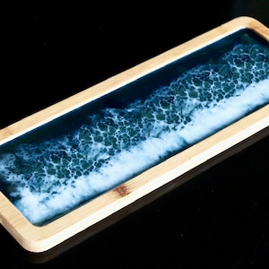 Longs plateaux océans en bois faits main, plateau en bois décoratif, décor nautique plateau de bibelots océan en résine pour salle de bain, vanité de salle de bain, plateau en résine, plateau cadeau en bois