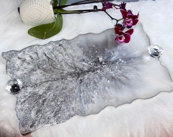 Handmade Silver Flake Resin Tray: Decorative Vanity Tray with Handles