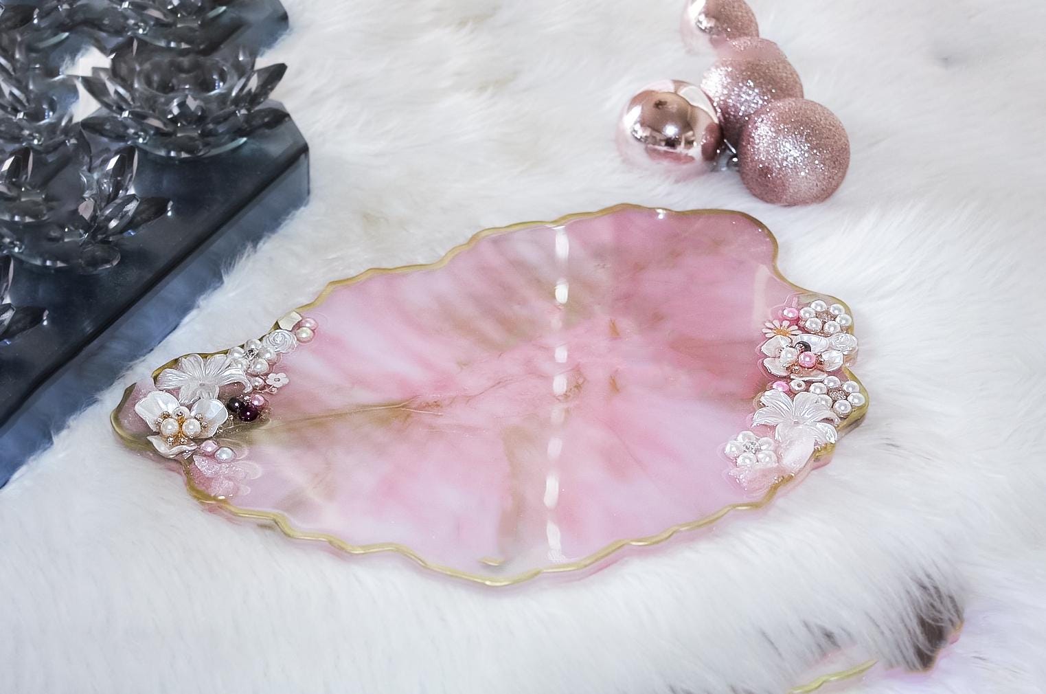 HANDMADE Marbled Pink Rose Quartz Crystal Tray W/ Pearls