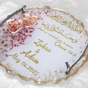 Bandeja de resina personalizada para bodas, hecha a mano y con pétalos de rosa. Bandeja de compromiso, bandeja para anillos de boda islámicos, regalo de boda, bandeja Nikkah, regalos islámicos.