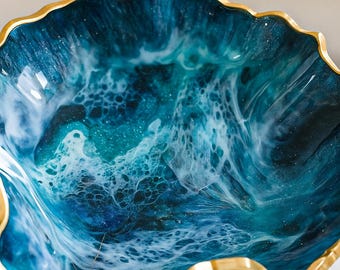Handmade Geode Design Ocean Epoxy Resin Bowl, Blue Coastal Decorative Serving Bowl