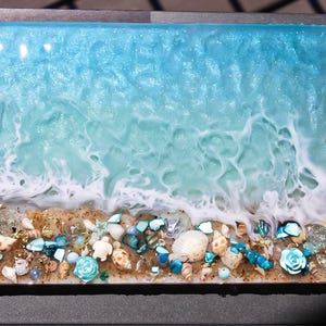 HANDGJORD Stor Dekorativ Havshartsbricka Glas Elegant Bricka Med Guldkristallhandtag Parfymbricka Turkos Geodhartsbricka Strandunderlägg bild 5