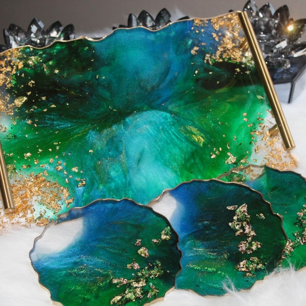 Handmade Green Resin Tray With handles And Coasters Geode Tray Gift Trays Breakfast Tray Vanity Tray Resin Coasters Wedding Tray