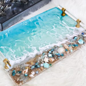 HANDGJORD Stor Dekorativ Havshartsbricka Glas Elegant Bricka Med Guldkristallhandtag Parfymbricka Turkos Geodhartsbricka Strandunderlägg bild 15