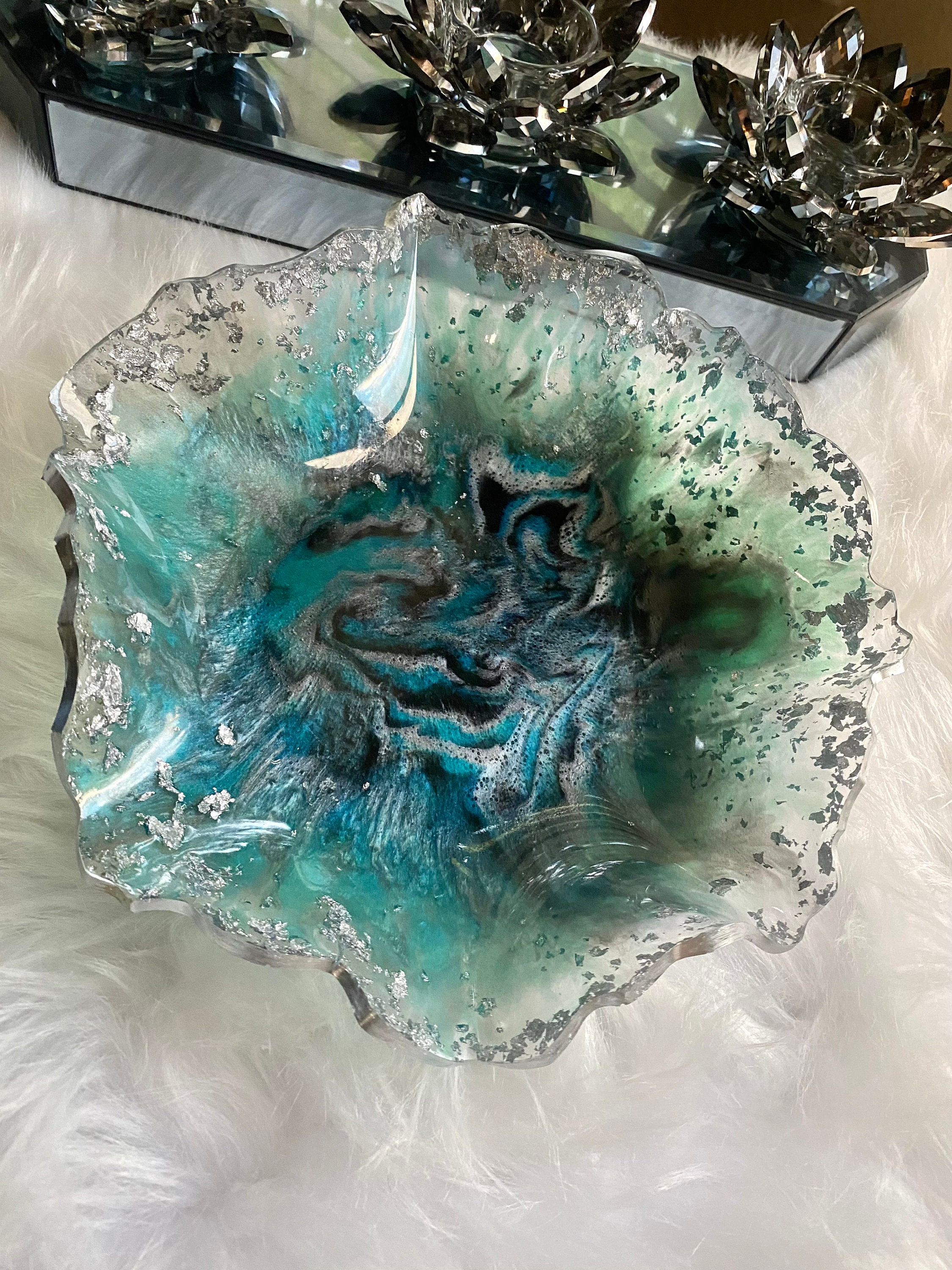 Resin trinket bowl: holographic, silver and vibrant color design