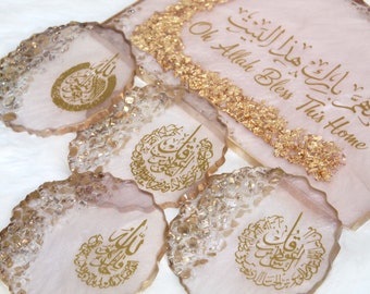 Handmade Islamic Resin Tray & Coasters: Blush Geode Design