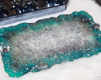 Handmade Ocean Resin Tray: Silver Flakes, Crystal Knobs