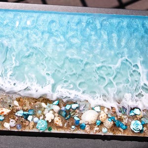 HANDGJORD Stor Dekorativ Havshartsbricka Glas Elegant Bricka Med Guldkristallhandtag Parfymbricka Turkos Geodhartsbricka Strandunderlägg bild 7