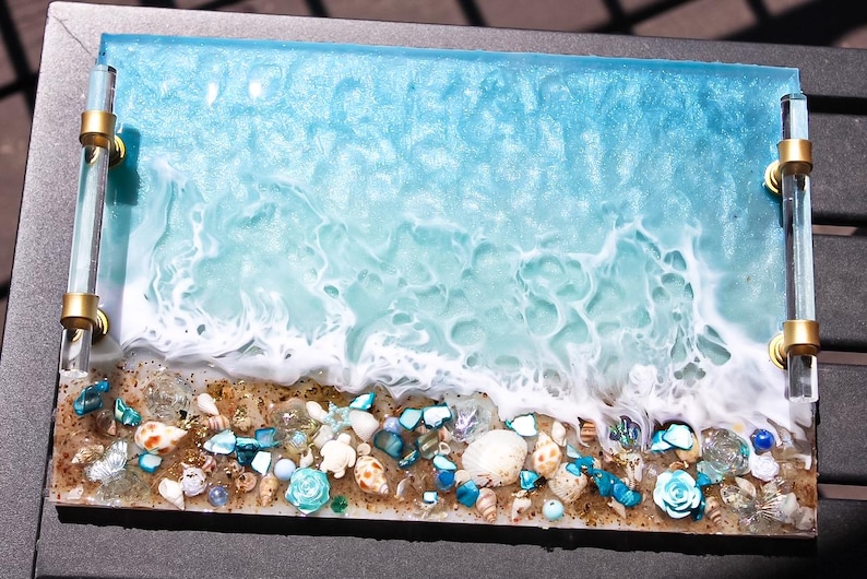 HANDGJORD Stor Dekorativ Havshartsbricka Glas Elegant Bricka Med Guldkristallhandtag Parfymbricka Turkos Geodhartsbricka Strandunderlägg bild 7