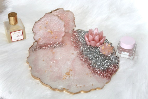 HANDMADE Pink Glitter Rose Quartz Crystal Tray, Epoxy Resin Tray