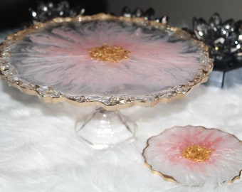 Handmade Blush Resin Cake Stand: Gold Geode Decor Tray