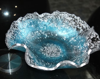 Handmade Ocean Resin Bowl: Silver Flakes, Geode Art
