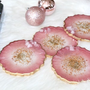 Handgjord bricka i rosa glitterharts: Rosenkvarts och guldmarmorering bild 10