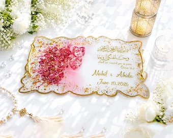 Personlig islamisk bröllopsbricka i harts med rosenblad, rosa guldgeodbricka, harts-Nikkah-bricka, muslimsk bröllopsgåva, anpassad pardekor