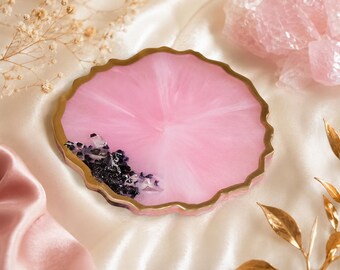 Rose Quartz Inspired Resin Tray | Pink & White Agate Style Serving Tray W/ Gold Edge | Luxury Handmade Vanity Tray | Modern Home Decor Gift