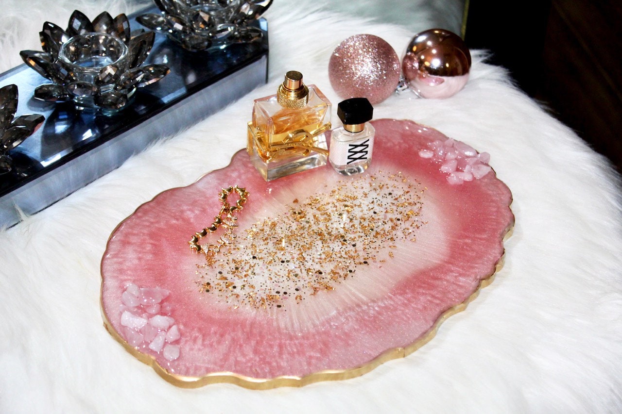 HANDMADE Pink Glitter Rose Quartz Crystal Tray, Epoxy Resin Tray