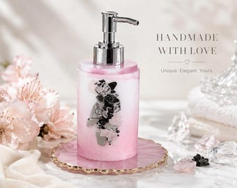 Handgjord tvålpump i rosenkvarts med rosenkvartskristaller, badrumsdekor i rosa kristaller, lyxig tvålpumpflaska, spa-dekorationspresent
