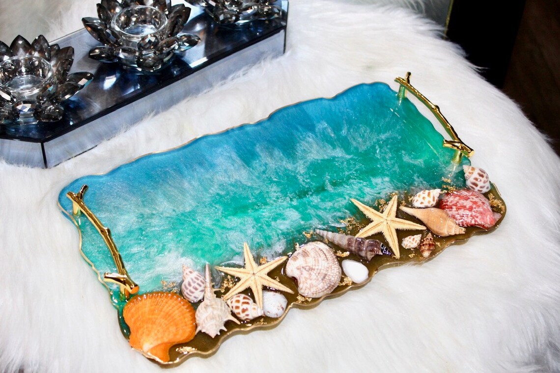 Handmade Large Luxurious Ocean Shell Embellished Resin Tray With Star ...