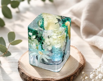 Ocean Bloom Resin Pennhållare Handgjord Blommor Resin Pennkopp Pressad Blomma Skrivbordsorganisatör Blå Botanisk Pennhållare Kustnära Kontorsdekor