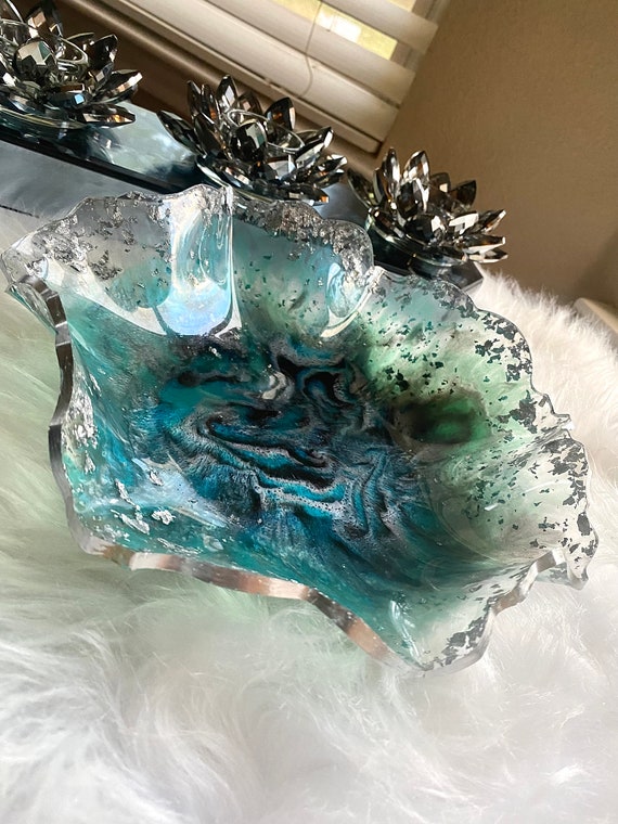Handmade Resin Ocean Bowl With Flakes and Silver Accent Home Decor