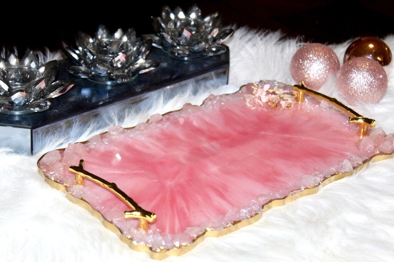 HANDMADE Pink Rose Quartz Crystal Tray, Epoxy Resin Tray