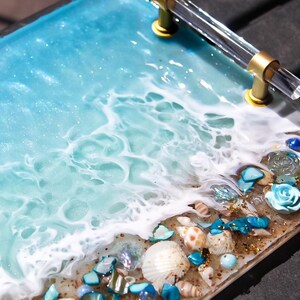 HANDGJORD Stor Dekorativ Havshartsbricka Glas Elegant Bricka Med Guldkristallhandtag Parfymbricka Turkos Geodhartsbricka Strandunderlägg bild 9