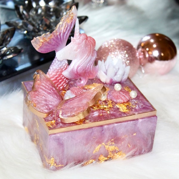 Handmade Purple Mermaid Inspired Resin jewelry box, Butterfly Unicorn Inspired Ocean Resin Storage Box, Colorful box Unique Gift For Her