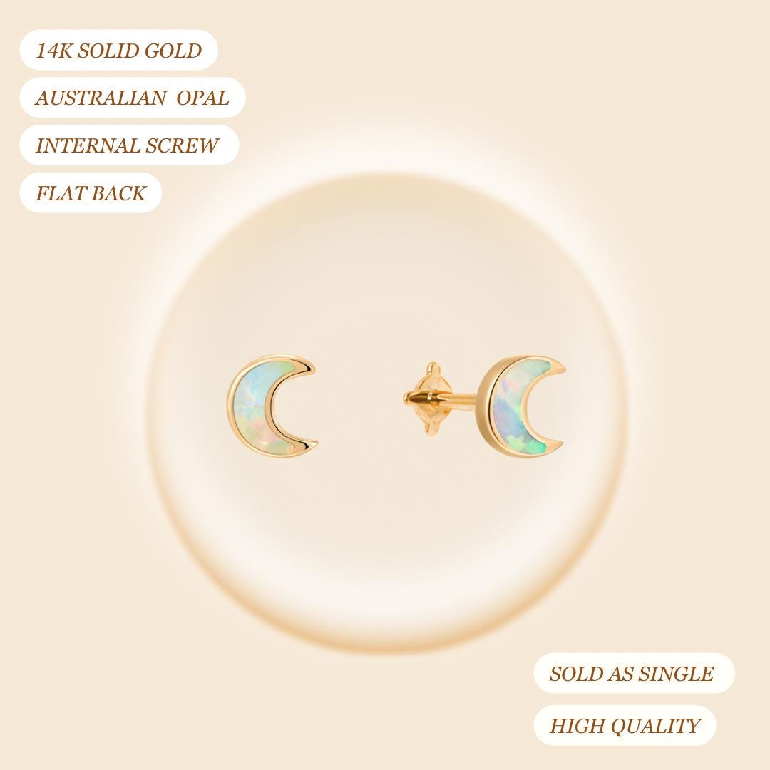 14K GOLD x Australian Opal Dainty Moon Piercing | Tiny Luxury Piercing | Solid Gold | YG