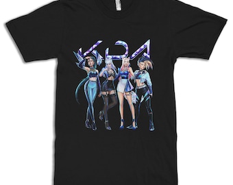 May include: Black t-shirt with a graphic of four female characters from the video game League of Legends. The characters are dressed in colorful outfits and are posed in a dynamic group. The word "K/DA" is written in large, stylized letters above the characters.