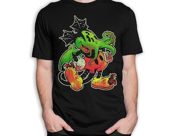 May include: Black t-shirt with a graphic print of a cartoon character with an octopus head and green and red coloring.