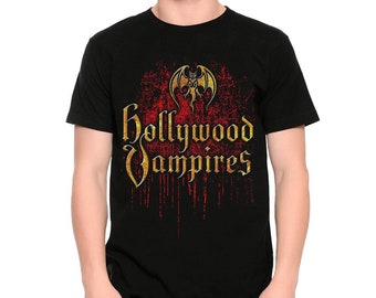May include: Black t-shirt featuring a red and gold graphic of a bat and the text "Hollywood Vampires".