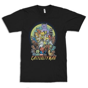 May include: Black t-shirt with a graphic of a group of cats dressed as Marvel characters. The text "CATVEN STUDIOS CATFINITY WAR" is printed below the graphic.
