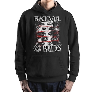 May include: Black hooded sweatshirt with a graphic design featuring the text "BLACK VEIL BRIDES" and "BRIDES" in white, along with a stylized eye design. The design is in black, white, and red.