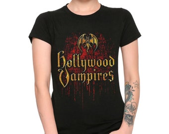May include: Black t-shirt with a red and gold graphic of a bat and the text "Hollywood Vampires".