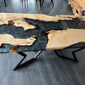 Black epoxy resin river dining table, Personalized home decor, Mid century modern, Handmade gift, Gift for dad
