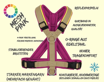 Shoulder Harness for Dogs, Y-Style, Quality MESH harness padded, color combinations, Wellness for your dog, Dogharness, adjustable pink