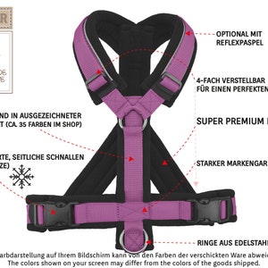 Gepolstertes Wellness Y Hundegeschirr anlegen / wohlfühlen, Geschirr für Hunde, 6 Größen, Fleece: schwarz, Gurtband violett, reflektierend