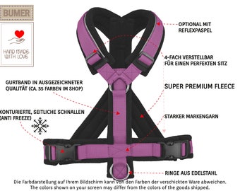 Póngase el arnés acolchado para perros Wellness Y / Feel Good, arnés para perros, 6 tallas, forro polar: negro, cinta violeta, reflectante