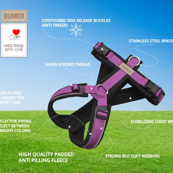 Dog harness Harness for dogs, padded, 6 sizes with reflective piping, black/violet, quality fleece with split bridge