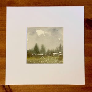 Origineel handgemaakt gesigneerd en gemonteerd aquarellandschapsschilderij, mini-abstract, semi-abstract, geen afdruk OOAK, groen landschap